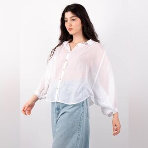 NWD MOTHER Breeze Top White Blouse 3/4 Balloon Sleeves Semi-Sheer size Medium